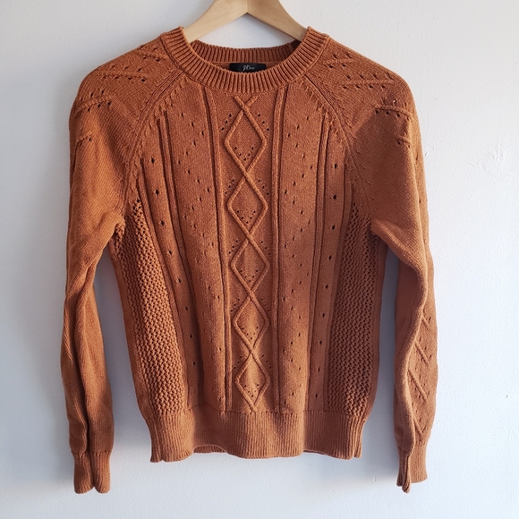 J. Crew Crewneck cable pointelle cotton sweater Small Scandi Pumpkin Caramel - Picture 3 of 10
